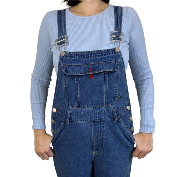No Boundaries Vintage Y2K Bib Style Denim Overalls Red Buttons Relaxed Fit - Picture 8 of 16